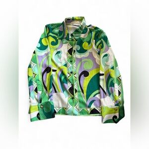 Zara Retro Mod Swirl Print Button Down Blouse Green Purple Black | Size L